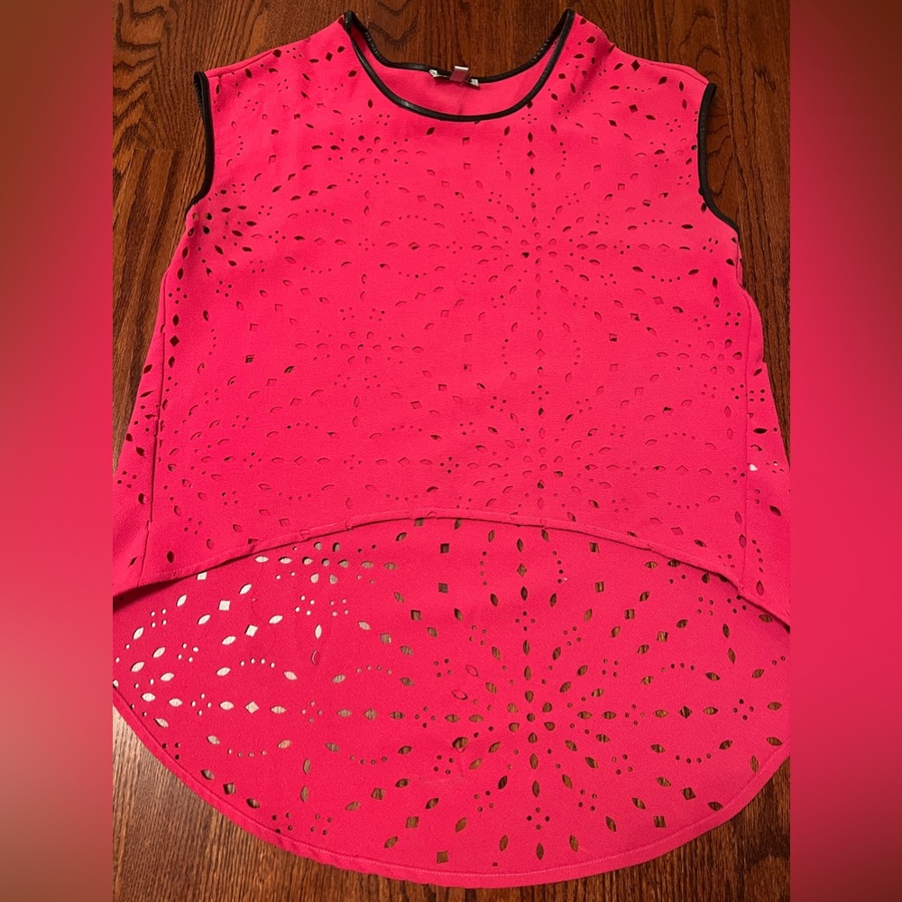 HOT PINK high/low top/blouse/shirt/tunic with leather trim and cut outs LARGE